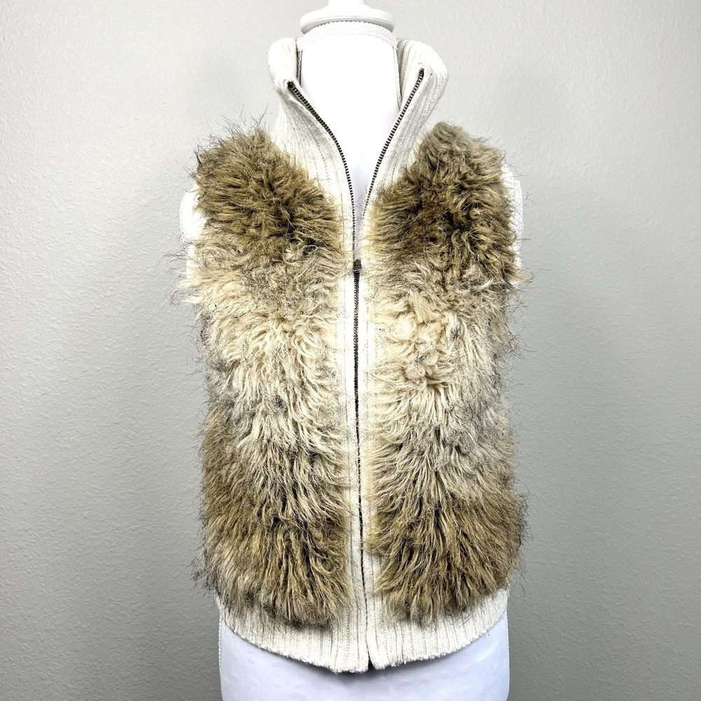 Justice Girls Faux Fur Sweater Full Zip Mock Vest Size 12 Cream Y2K Boho Shaggy‎